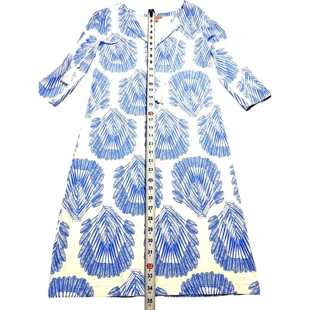 Persifor Winthrop Tunic Dress S Blue White Shell Fan Print Tassel Stretch USA